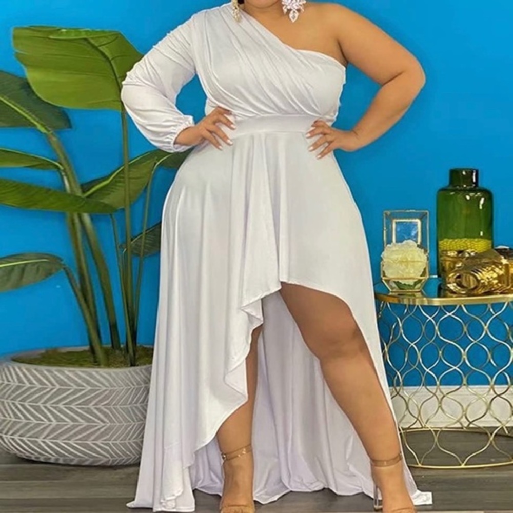 IyMoo Womens Sexy Plus Size One Shoulder Long Sleeve High Low Maxi Dress